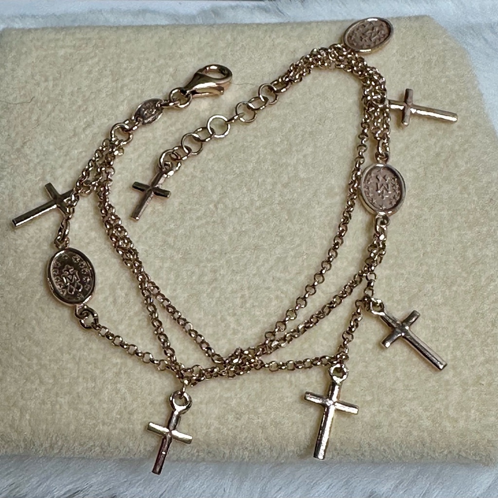 Dyadema 925 Silver Rose Gold Plate Bracelet W/Crosses & Mary Medals Lot#251